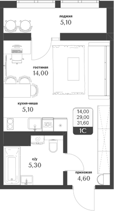Планировка студии 29.05 м² в ЖК «Тимирязевский парк»