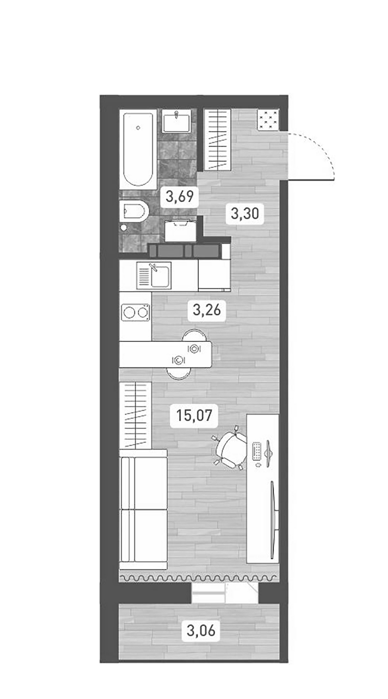Планировка студии 25.32 м² в ЖК «Радуга Сибири»