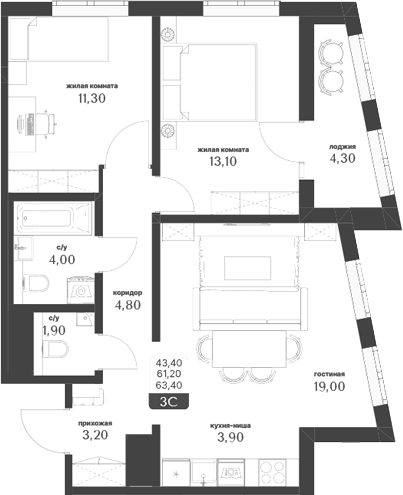 Планировка 3е-к.кв 61.25 м² в ЖК «Тимирязевский парк»