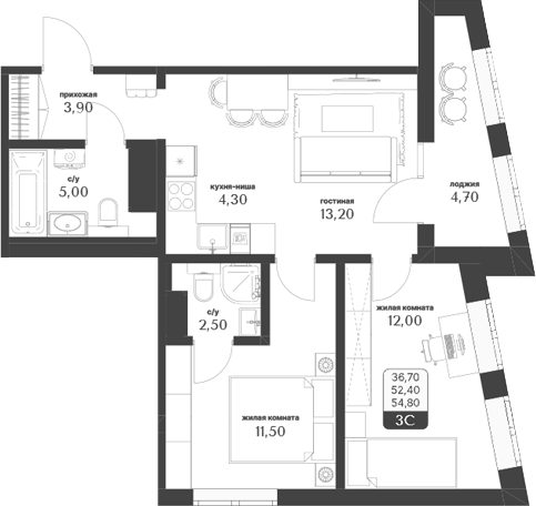 Планировка 3е-к.кв 52.45 м² в ЖК «Тимирязевский парк»