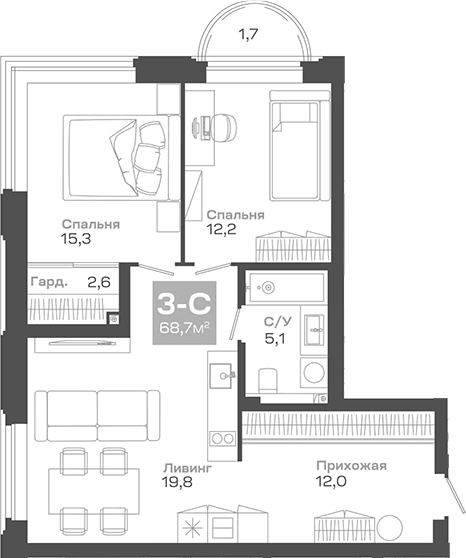 Планировка 3е-к. квартира 68.68 м² в ЖК «Пульсар»