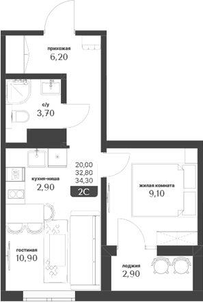 Планировка 2е-к.кв 32.85 м² в ЖК «Тимирязевский парк»