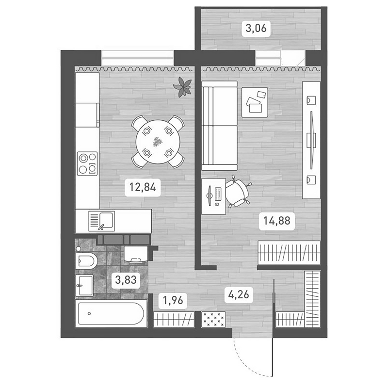 Планировка 1-к.кв 37.77 м² в ЖК «Радуга Сибири»