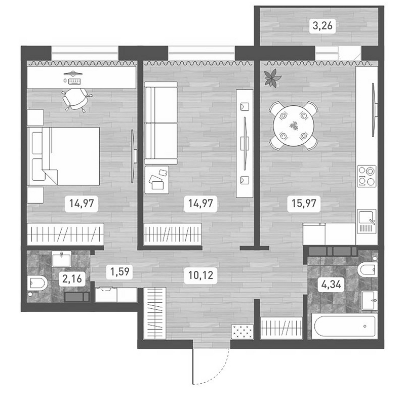 Планировка 2-к. квартира 64.12 м² в ЖК «Радуга Сибири»