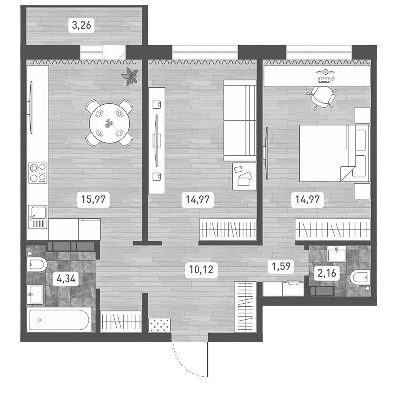 Планировка 2-к. квартира 64.12 м² в ЖК «Радуга Сибири»