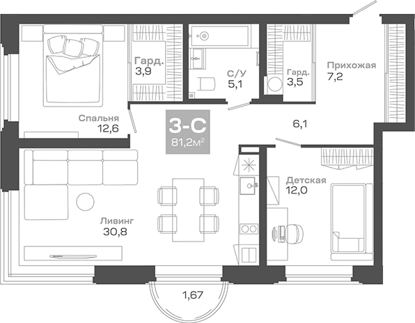 Планировка 3е-к. квартира 81.19 м² в ЖК «Пульсар»