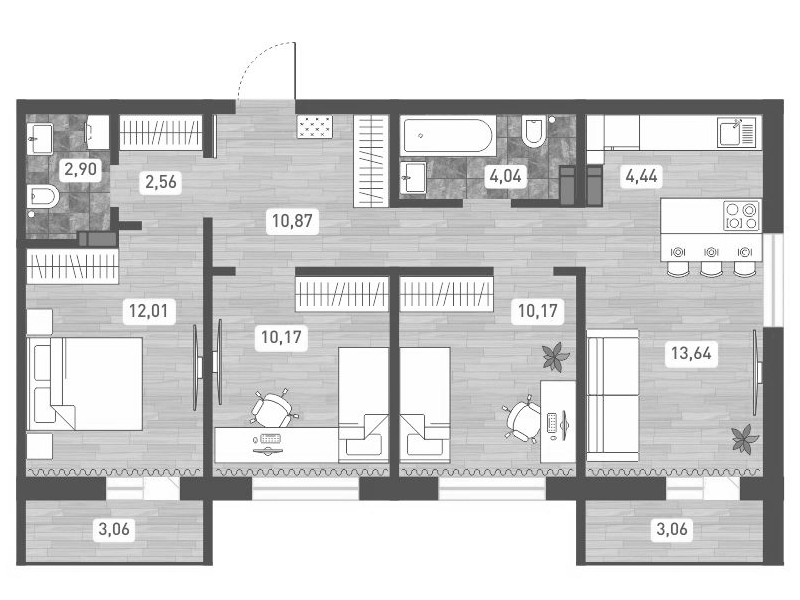 Планировка 3-к. квартира 70.80 м² в ЖК «Радуга Сибири»
