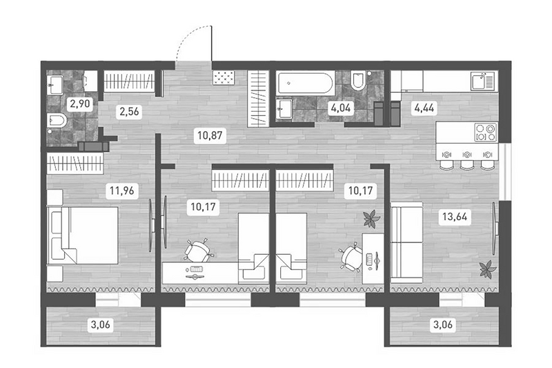 Планировка 3-к.кв 70.75 м² в ЖК «Радуга Сибири»