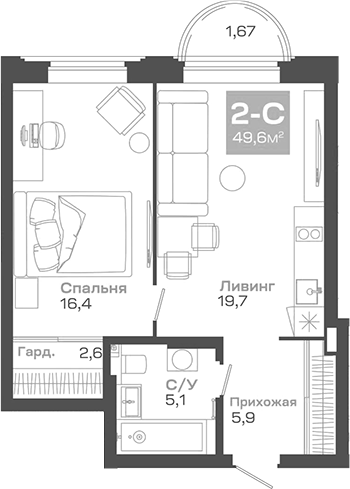 Планировка 2е-к. квартира 49.62 м² в ЖК «Пульсар»