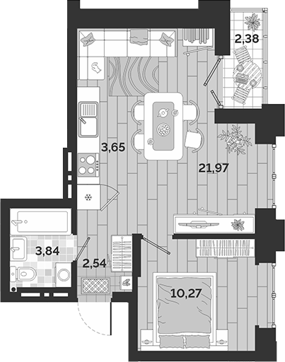 Планировка 2е-к.кв 42.27 м² в ЖК «Авторский квартал»