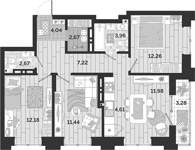 Планировка 4е-к.кв 73.03 м² в ЖК «Авторский квартал»