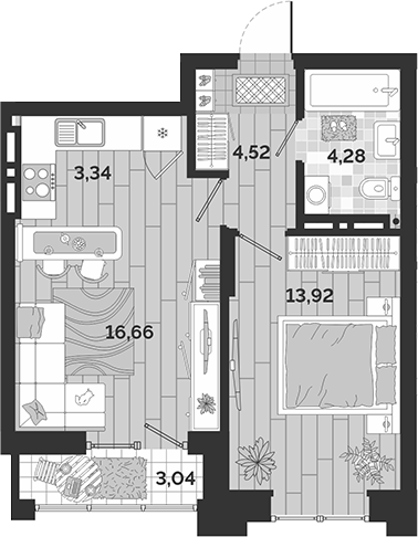 Планировка 2е-к.кв 42.72 м² в ЖК «Авторский квартал»