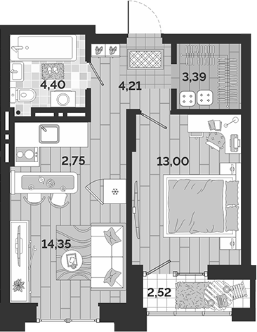 Планировка 2е-к.кв 42.10 м² в ЖК «Авторский квартал»