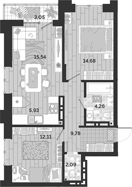 Планировка 3е-к.кв 64.39 м² в ЖК «Авторский квартал»