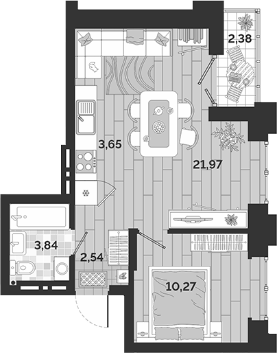 Планировка 2е-к.кв 42.27 м² в ЖК «Авторский квартал»