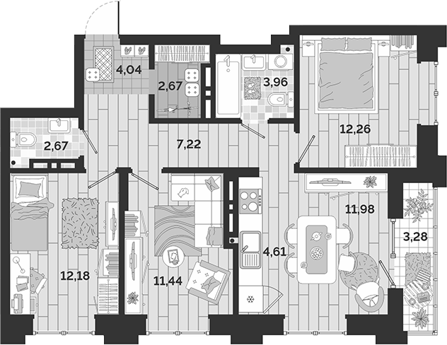 Планировка 4е-к.кв 73.03 м² в ЖК «Авторский квартал»