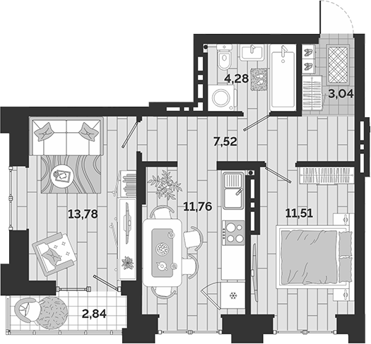 Планировка 2-к.кв 51.89 м² в ЖК «Авторский квартал»
