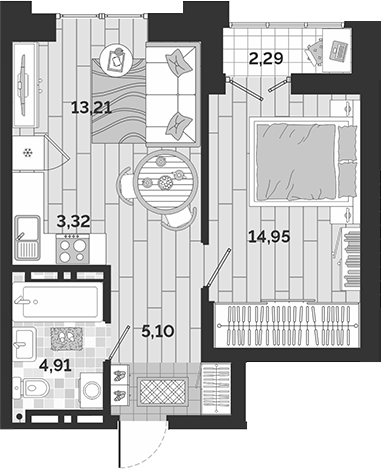 Планировка 2е-к.кв 41.49 м² в ЖК «Авторский квартал»