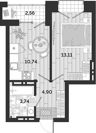 Планировка 1-к.кв 32.49 м² в ЖК «Авторский квартал»