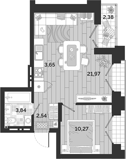 Планировка 2е-к.кв 42.27 м² в ЖК «Авторский квартал»