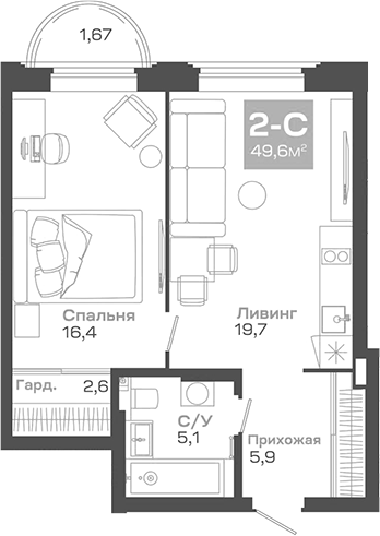Планировка 2е-к. квартира 49.62 м² в ЖК «Пульсар»