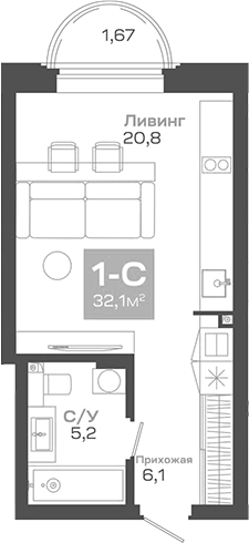 Планировка студии 32.10 м² в ЖК «Пульсар»