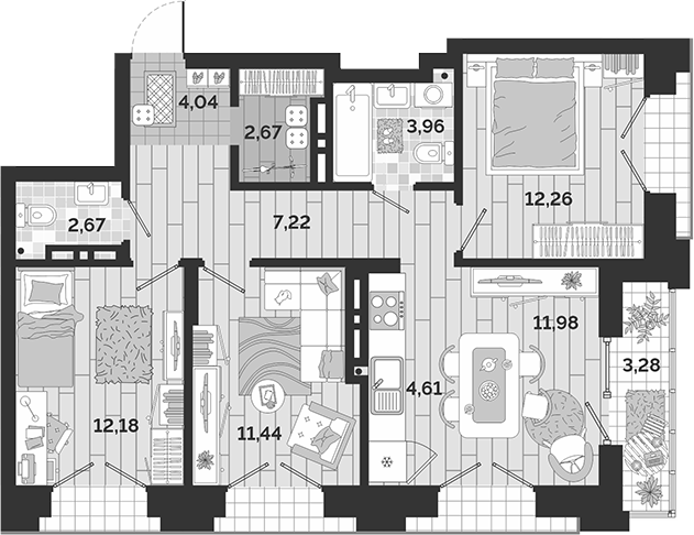 Планировка 4е-к.кв 73.03 м² в ЖК «Авторский квартал»