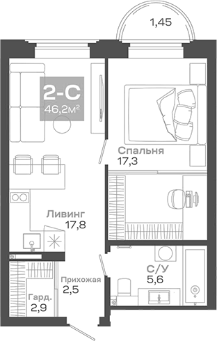 Планировка 2е-к. квартира 46.21 м² в ЖК «Пульсар»