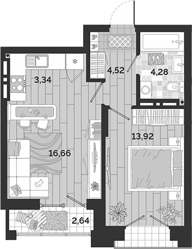 Планировка 2е-к.кв 42.72 м² в ЖК «Авторский квартал»