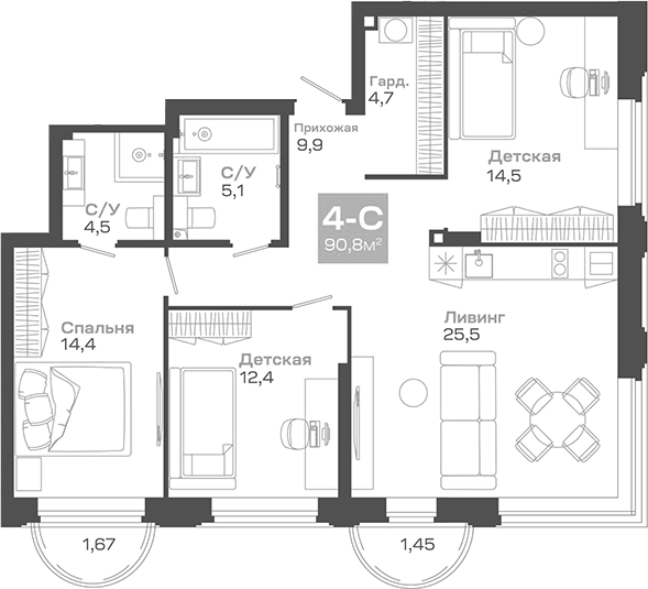 Планировка 4е-к.кв 90.77 м² в ЖК «Пульсар»