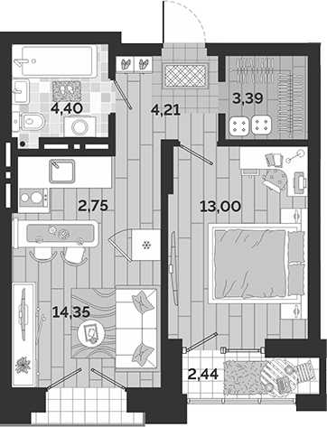 Планировка 2е-к.кв 42.10 м² в ЖК «Авторский квартал»