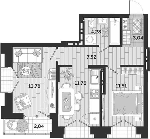 Планировка 2-к.кв 51.89 м² в ЖК «Авторский квартал»
