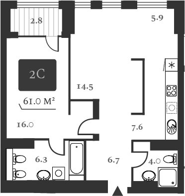 Планировка 2е-к.кв 62.40 м² в ЖК «Нобель»