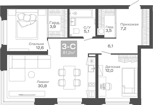 Планировка 3е-к. квартира 81.19 м² в ЖК «Пульсар»