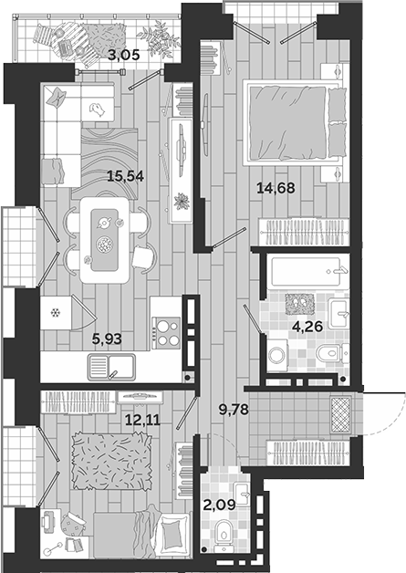Планировка 3е-к.кв 64.39 м² в ЖК «Авторский квартал»