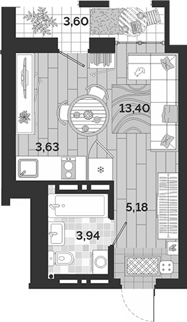 Планировка студии 26.15 м² в ЖК «Авторский квартал»