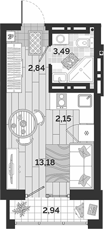 Планировка студии 21.66 м² в ЖК «Авторский квартал»