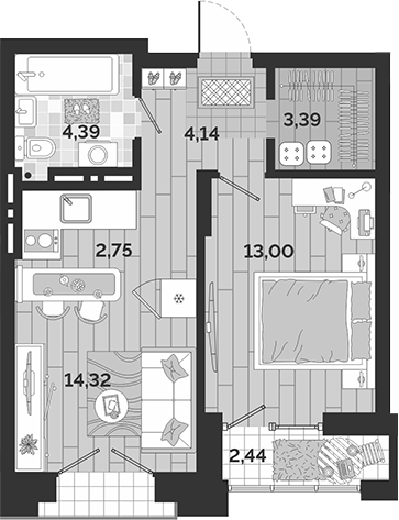 Планировка 2е-к.кв 41.99 м² в ЖК «Авторский квартал»