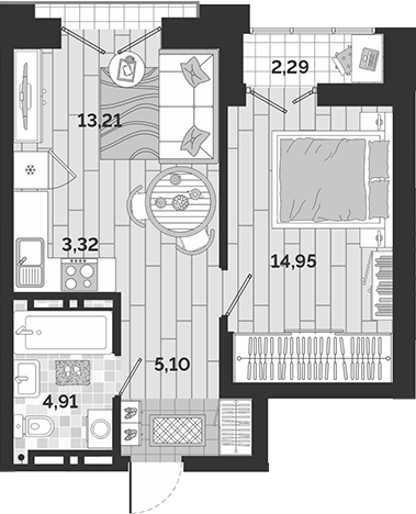 Планировка 2е-к.кв 41.49 м² в ЖК «Авторский квартал»