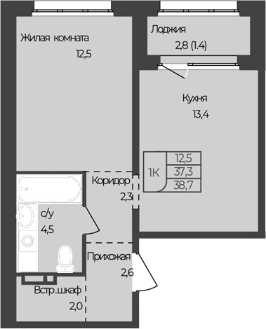 Планировка 1-к.кв 37.30 м² в ЖК «Чуйские кварталы. Майма»