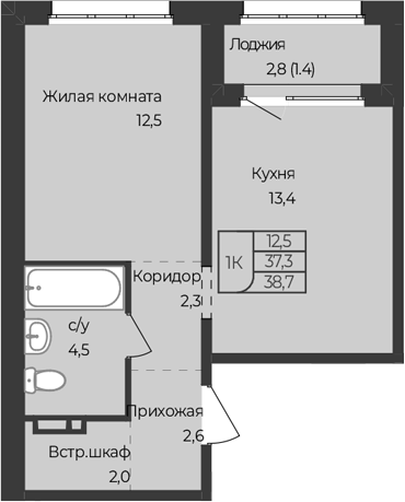 Планировка 1-к.кв 37.30 м² в ЖК «Чуйские кварталы. Майма»