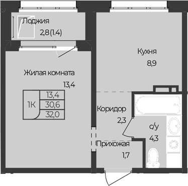 Планировка 1-к.кв 30.60 м² в ЖК «Чуйские кварталы. Майма»