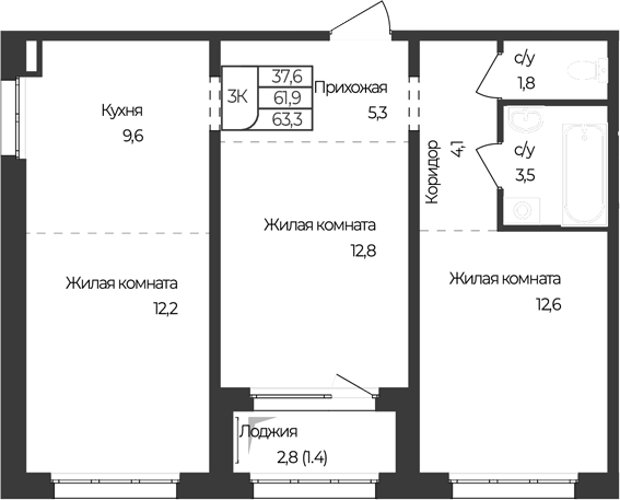Планировка 3-к.кв 61.90 м² в ЖК «Чуйские кварталы. Майма»