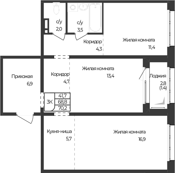 Планировка 3-к.кв 68.80 м² в ЖК «Чуйские кварталы. Майма»