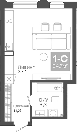 Планировка студии 34.71 м² в ЖК «Пульсар»