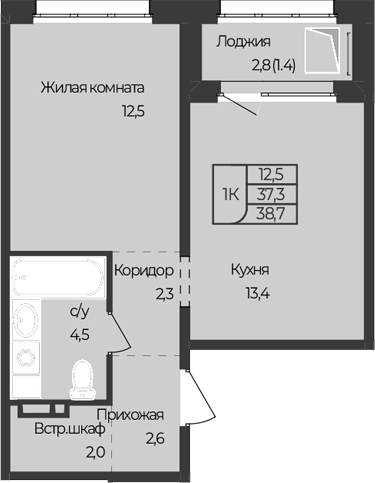 Планировка 1-к.кв 37.30 м² в ЖК «Чуйские кварталы. Майма»
