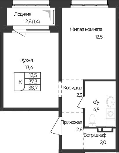 Планировка 1-к. квартира 37.30 м² в ЖК «Чуйские кварталы. Майма»