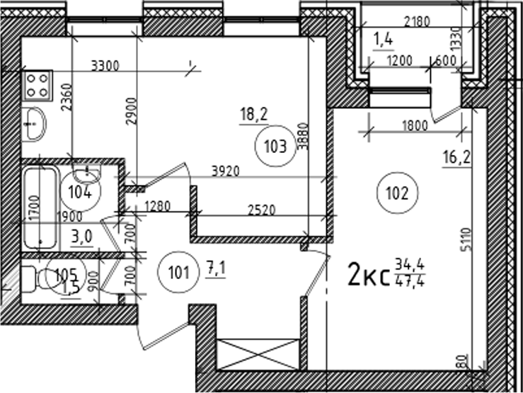 Планировка 2е-к.кв 46.00 м² в ЖК «На Макарова»
