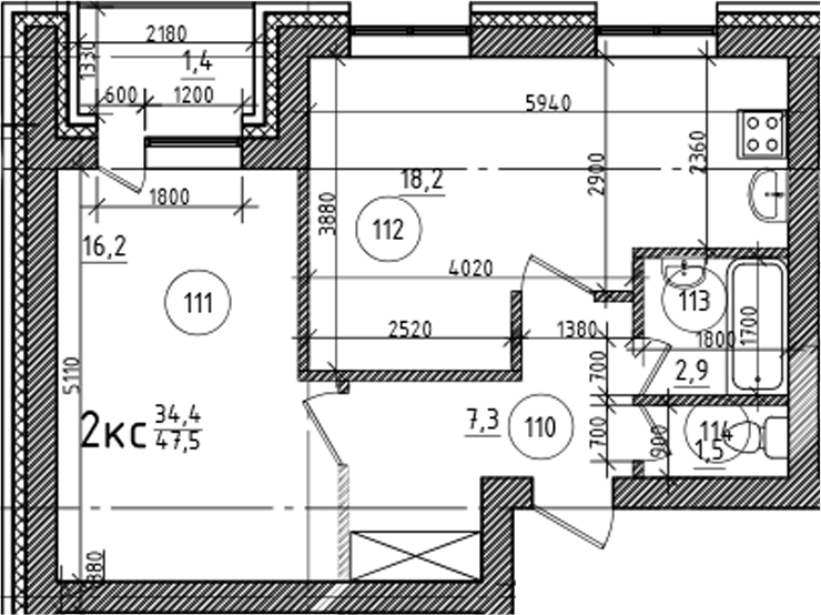 Планировка 2е-к.кв 46.00 м² в ЖК «На Макарова»
