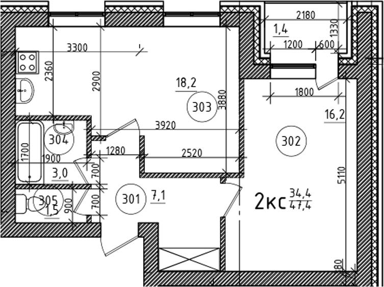 Планировка 2е-к.кв 46.00 м² в ЖК «На Макарова»